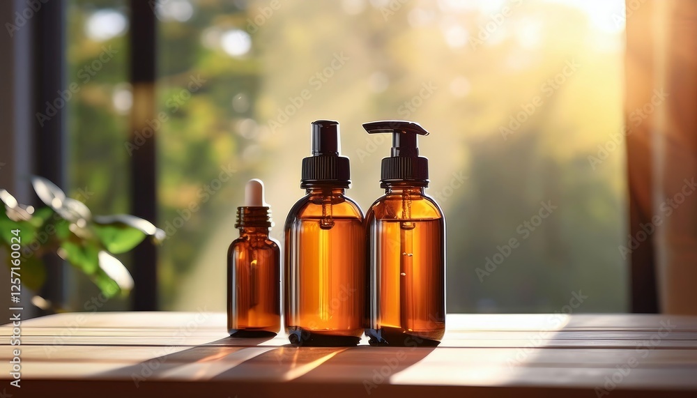 Three amber glass bottles with various dispensers are displayed on a wooden surface, illuminated by soft sunlight, suggesting a serene, natural ambiance. Three amber glass bottles with various dispensers are displayed on a wooden surface, illuminated by soft sunlight, suggesting a serene, natural ambiance.