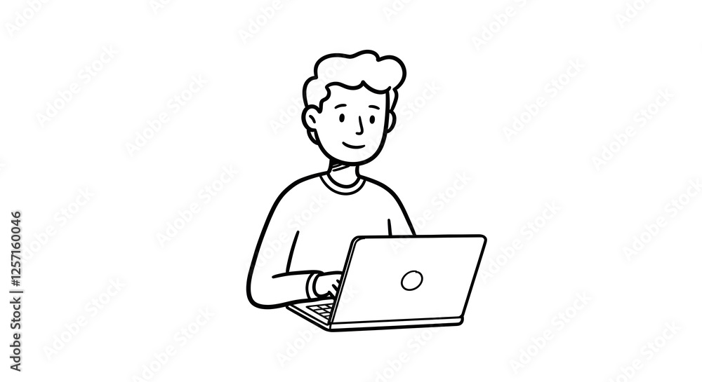 Man Using Laptop Computer Illustration Doodle in Black and White Style Man Using Laptop Computer Illustration Doodle in Black and White Style