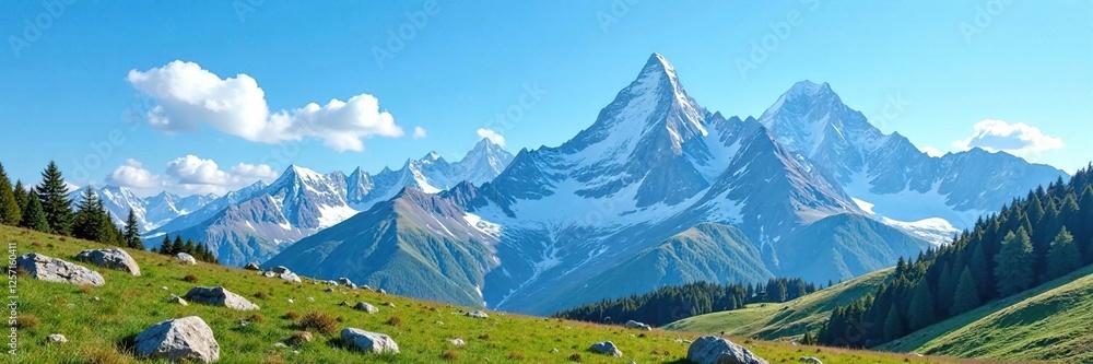 Obraz premium Mountain range under a clear blue sky with a few clouds, landscape, serene
