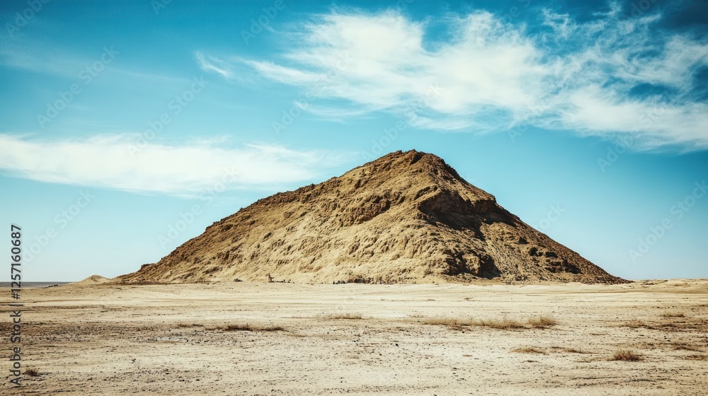 Sandy mountain rises starkly from a desolate arid landscape Sandy mountain rises starkly from a desolate arid landscape