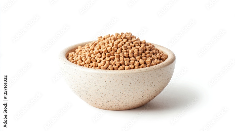 Small beige bowl filled with light brown seeds. Studio shot. Possible use Food product display Small beige bowl filled with light brown seeds. Studio shot. Possible use Food product display