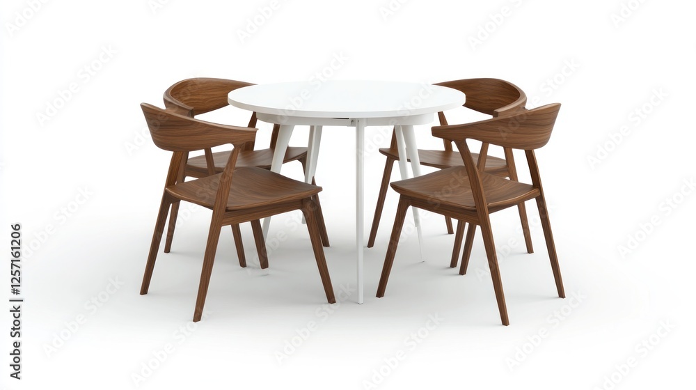 Fototapeta premium Round white table and four wooden chairs, studio shot, furniture