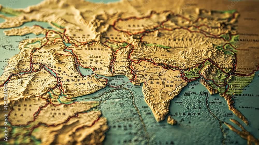 This video presents a stunning topographic representation of Europe and Asia. It highlights various terrains and their unique characteristics. Ideal for educational uses. Generative AI This video presents a stunning topographic representation of Europe and Asia. It highlights various terrains and their unique characteristics. Ideal for educational uses. Generative AI
