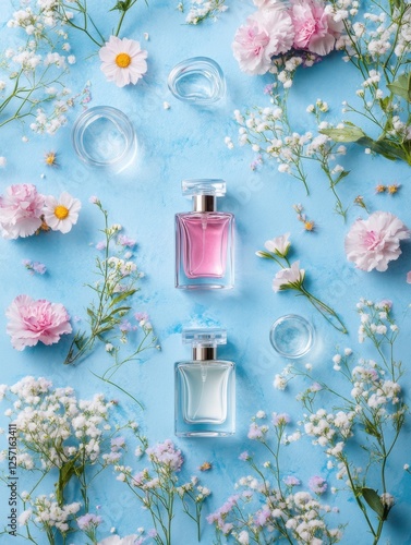 Pink and White Perfume Bottles with Flowers on Blue Background
