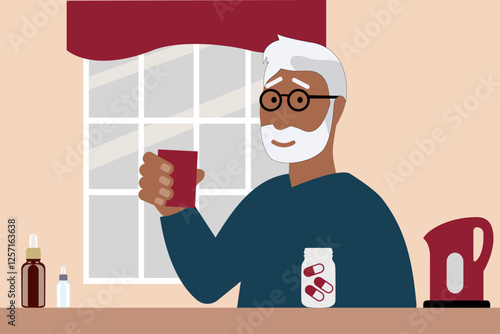 Old man with a mug of water taking medicine in the kitchen
