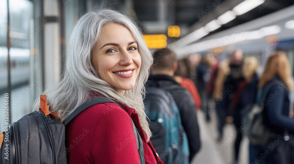 Silver hair staff employee woman in red casual smiling going to office using train public transport