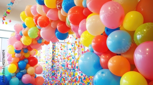 A whimsical balloon arch with a cascade of confetti creating pure joy photo