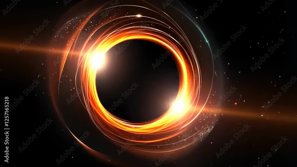 A cosmic video scene with a glowing ring resembling a black hole. The front-facing angle captures swirling light and stars in deep space. A cosmic video scene with a glowing ring resembling a black hole. The front-facing angle captures swirling light and stars in deep space.