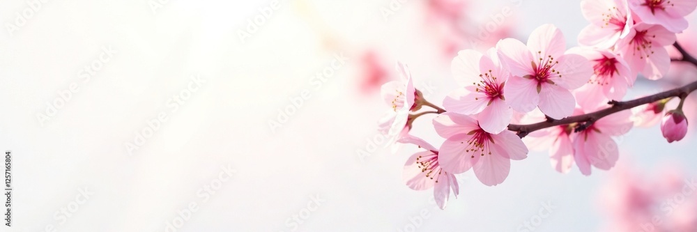 Pink and white cherry blossoms in full bloom against a soft white background, blossom branches, tree branches Pink and white cherry blossoms in full bloom against a soft white background, blossom branches, tree branches