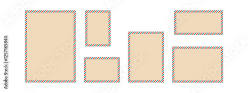 Set of postal envelopes of different sizes. Vector illustration of a letter. Templates for airmail postcards. Vintage frames in beige, red and blue