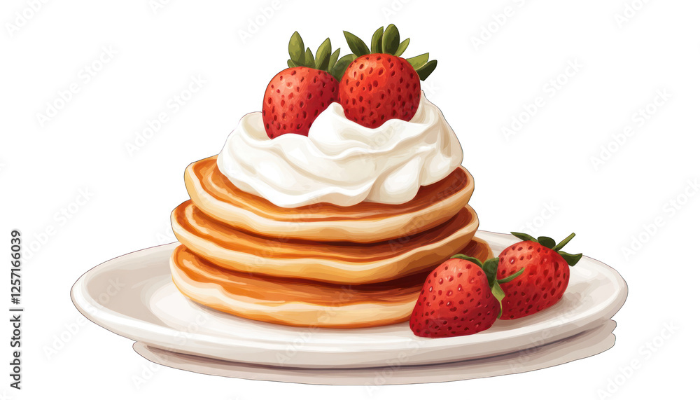 Fluffy Pancakes Stack with Whipped Cream and Fresh Strawberries, Delicious Breakfast Treat red food Fluffy Pancakes Stack with Whipped Cream and Fresh Strawberries, Delicious Breakfast Treat red food