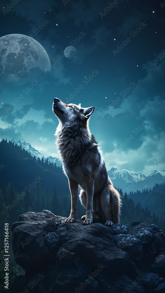 Lone wolf howling at full moon against starry night sky. Lone wolf howling at full moon against starry night sky.