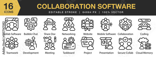 Collaboration Software icon set. Editable Stroke Icon Collection. Includes software, technology, collaboration, teamwork, office, and More. Outline icons vector collection.