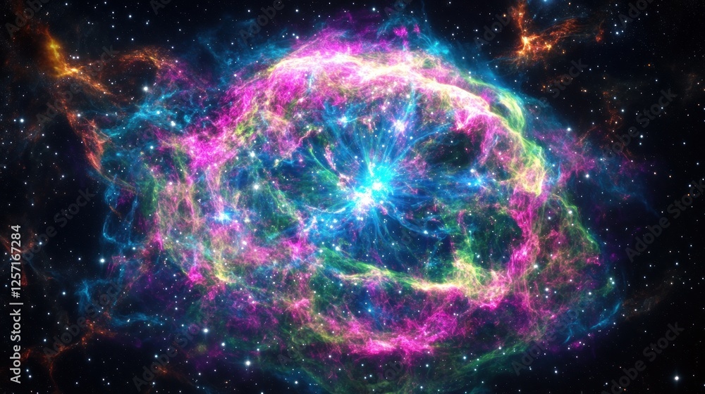 Colorful cosmic nebula expanding outward against a starry black backdrop Colorful cosmic nebula expanding outward against a starry black backdrop