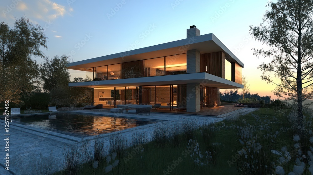 Modern sunset villa, pool, landscape, dusk, rendering, architecture, design, real estate Modern sunset villa, pool, landscape, dusk, rendering, architecture, design, real estate