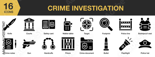 Crime Investigation solid icon set. Includes detective, safety, forensic, case, accident, and More. Solid icons vector collection.