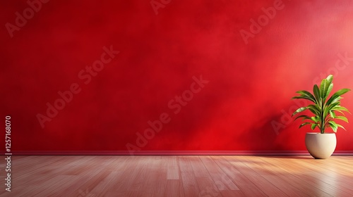 A serene indoor scene featuring a vibrant red wall and a lush green potted plant.