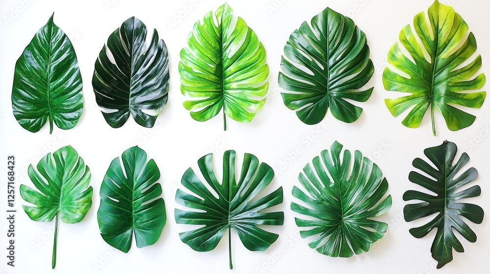 Fototapeta premium Various green monstera leaves arranged on a plain white background