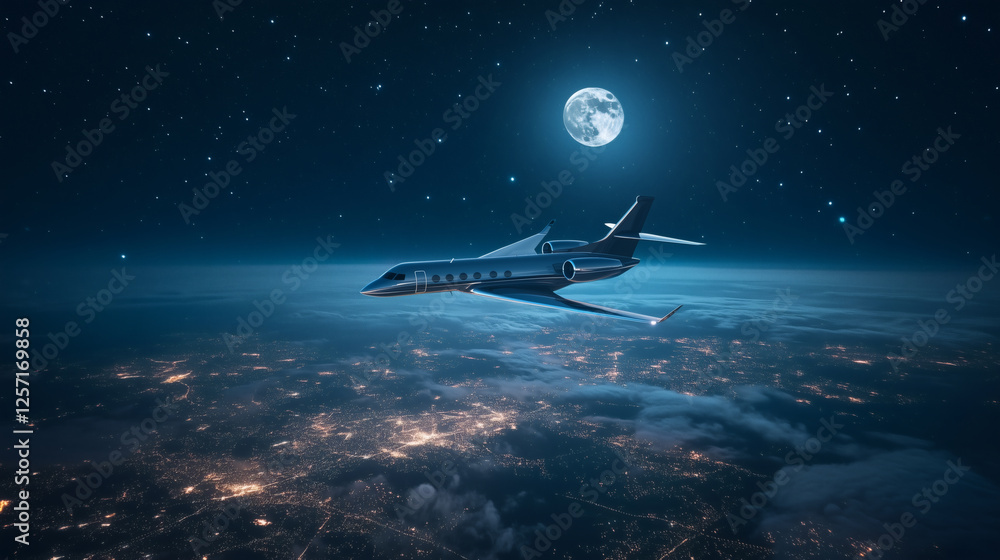 Obraz premium Jet soaring above the city under a moonlit sky.