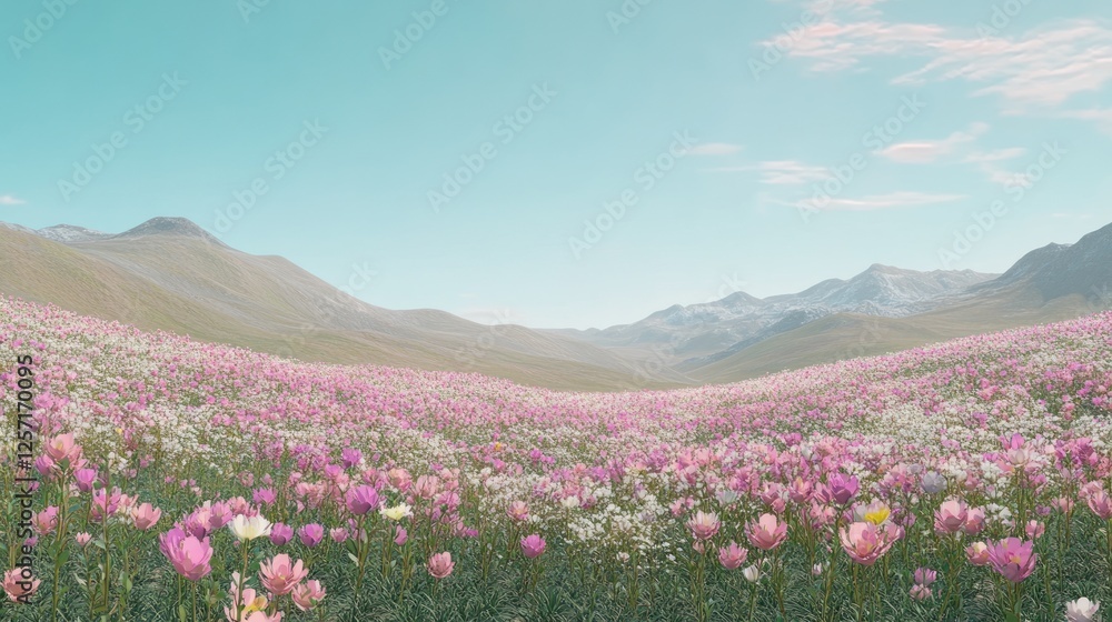 Vast meadow covered in pink flowers beneath a blue sky Vast meadow covered in pink flowers beneath a blue sky