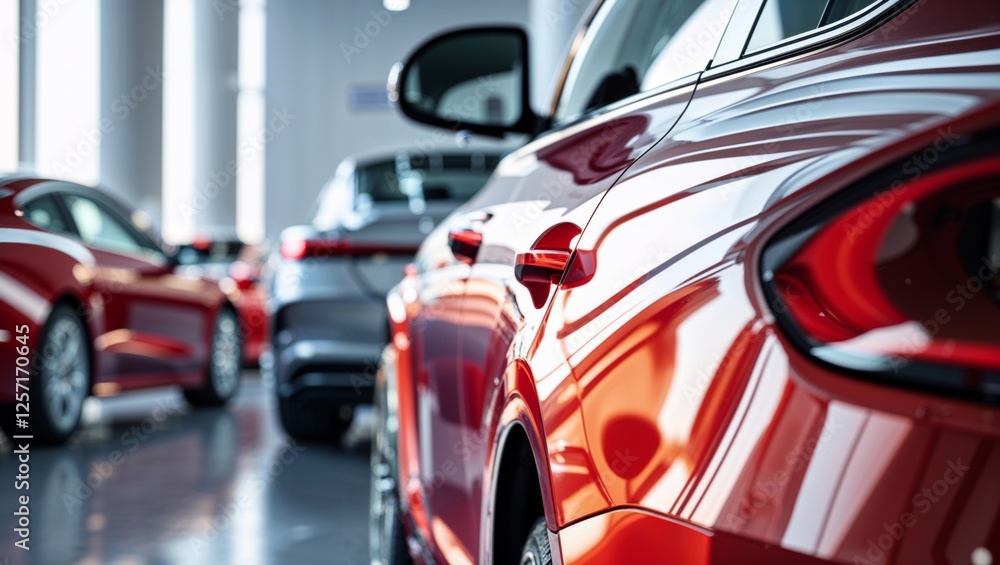 A vibrant red car gleams under the showroom lights, showcasing its modern design and finish. A vibrant red car gleams under the showroom lights, showcasing its modern design and finish.
