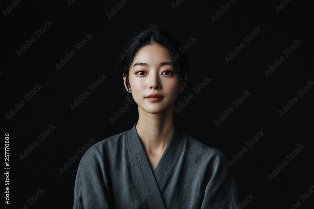 Fototapeta premium Portrait of a serene woman against a dark backdrop.