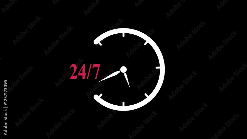 24 hours 7 days clock timer icon animation,All time service concept watch on dark background. 24 hours 7 days clock timer icon animation,All time service concept watch on dark background.
