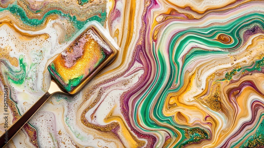 Golden tool in vibrant fluid acrylic paint swirls Golden tool in vibrant fluid acrylic paint swirls