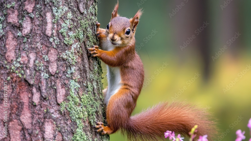 Red squirrel clings to a mossy tree trunk outdoors Red squirrel clings to a mossy tree trunk outdoors