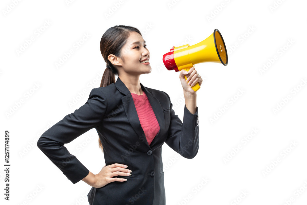 Portrait of smiling cheerful young pretty Asian woman in black suit holding megaphone making announcement isolated on white background, shot in studio. Portrait of smiling cheerful young pretty Asian woman in black suit holding megaphone making announcement isolated on white background, shot in studio.