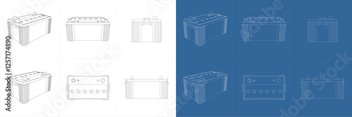Automotive Car Battery Blueprint Line Art Vector Illustration
