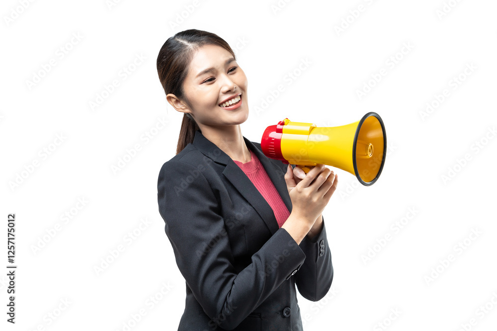 Portrait of smiling cheerful young pretty Asian woman in black suit holding megaphone making announcement isolated on white background, shot in studio. Portrait of smiling cheerful young pretty Asian woman in black suit holding megaphone making announcement isolated on white background, shot in studio.