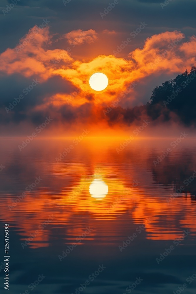 Stunning Sunset Over Tranquil Lake with Vibrant Orange and Red Sky Reflected in Calm Waters Surrounded by Misty Clouds and Silhouetted Trees Stunning Sunset Over Tranquil Lake with Vibrant Orange and Red Sky Reflected in Calm Waters Surrounded by Misty Clouds and Silhouetted Trees