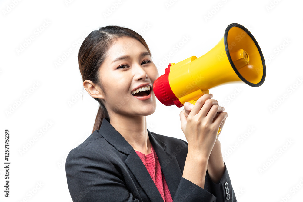 Portrait of smiling cheerful young pretty Asian woman in black suit holding megaphone making announcement isolated on white background, shot in studio. Portrait of smiling cheerful young pretty Asian woman in black suit holding megaphone making announcement isolated on white background, shot in studio.