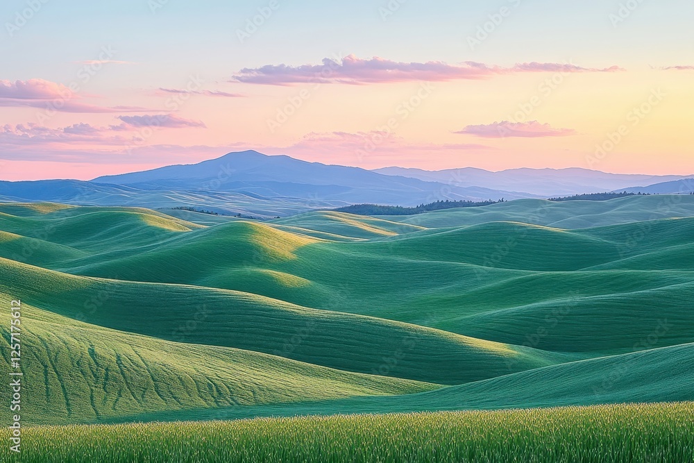 Obraz premium Rolling Green Hills at Sunset with Vibrant Sky and Distant Mountains in a Serene Landscape