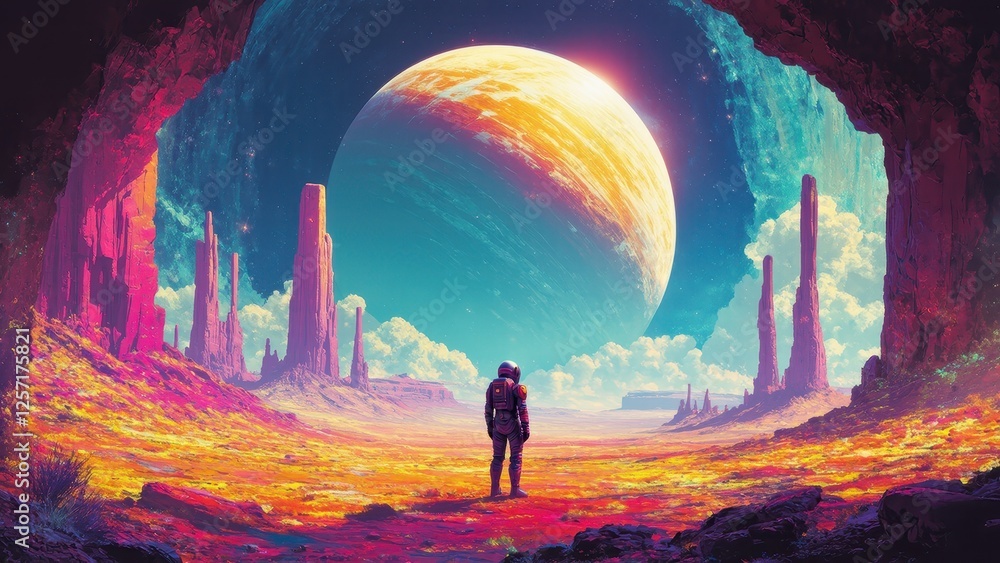Fototapeta premium futuristic space landscape with planets and human silhouette