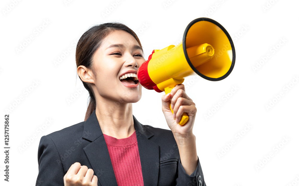 Portrait of smiling Asian woman wearing black suit shouting in megaphone isolated over white background. Making announcement. Portrait of smiling Asian woman wearing black suit shouting in megaphone isolated over white background. Making announcement.