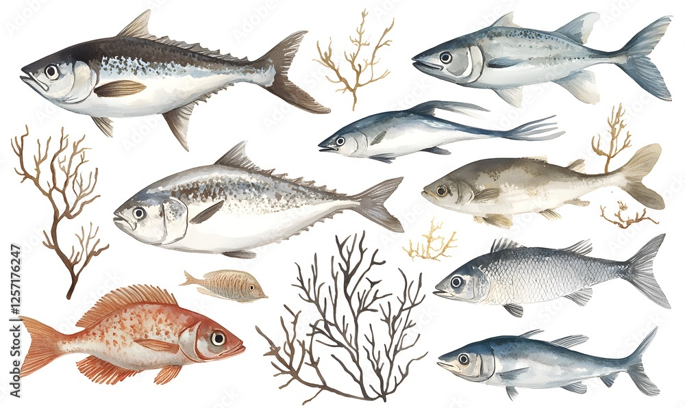Elegant watercolor ocean fish set, Generative AI Elegant watercolor ocean fish set, Generative AI