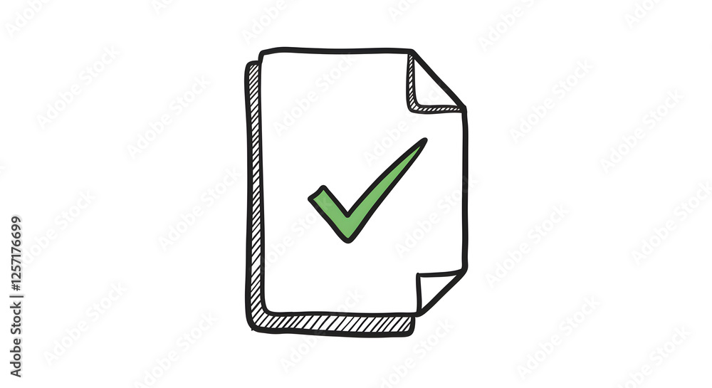 Completed Document Icon Hand Drawn with Green Check Mark Approval Completed Document Icon Hand Drawn with Green Check Mark Approval