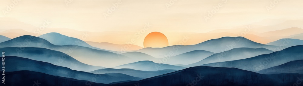 Fototapeta premium Serene Sunrise Over Misty Mountain Range with Soft Blue and Orange Hues Creating a Peaceful and Tranquil Landscape Scene