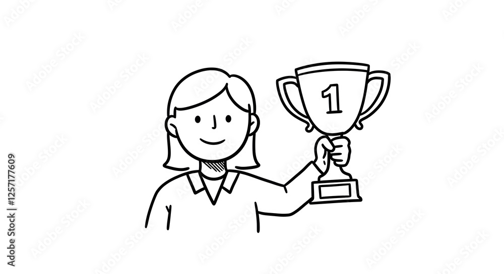 Woman Holding Trophy Number One Celebrating Success Hand Drawn Icon Woman Holding Trophy Number One Celebrating Success Hand Drawn Icon
