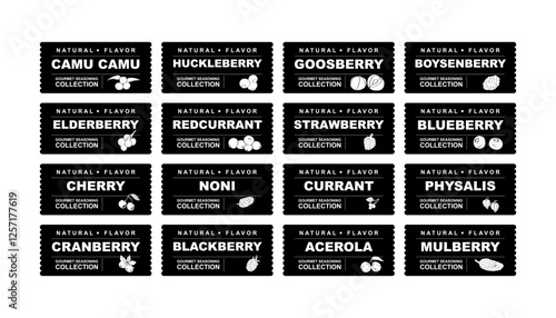 Berries abstract stickers and labels. Black and white packaging for food preparing and culinary. Bags with berries. berry, raspberry, blueberry, blackberry organic product for selling vector set