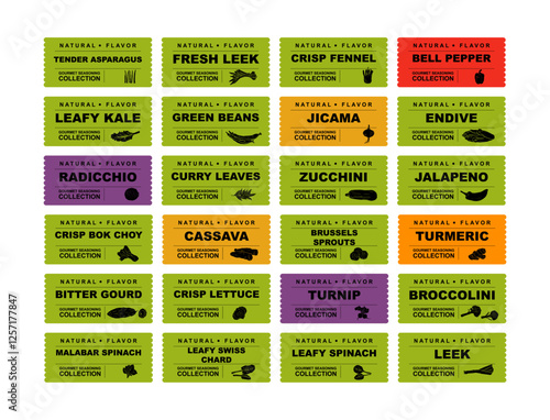 Vegetables, greenery and legumes abstract stickers and labels. Different color packaging for food preparing and culinary. Bags with fruit endive, jicama, leek, fennel
