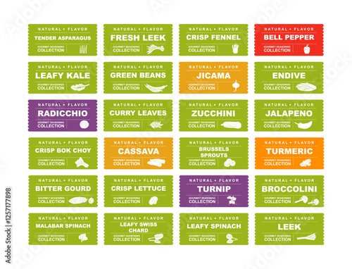 Vegetables, greenery and legumes abstract stickers and labels. Different color packaging for food preparing and culinary. Bags with fruit endive, jicama, leek, fennel