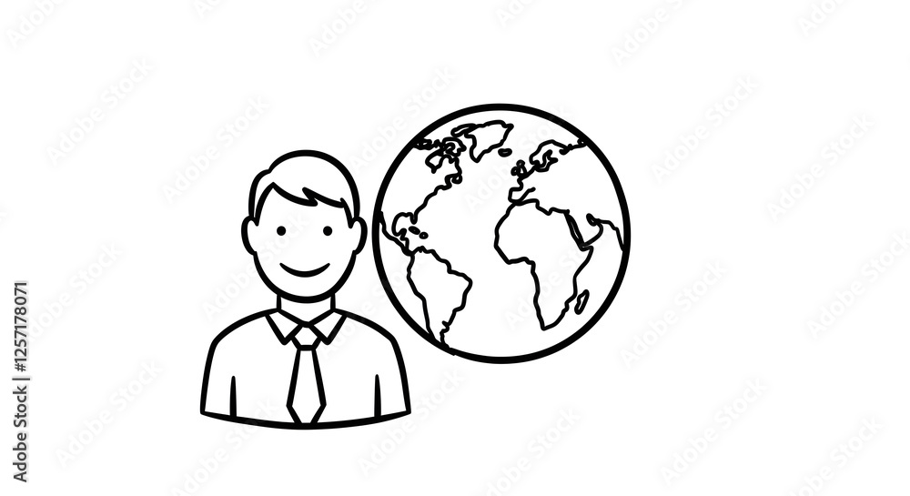 Man in suit with earth globe next to him drawing style Man in suit with earth globe next to him drawing style