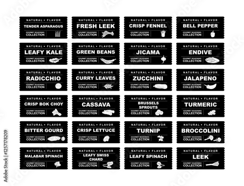 Vegetables, greenery and legumes abstract stickers and labels. Black and white packaging for food preparing and culinary. Bags with fruit endive, jicama, leek, fennel
