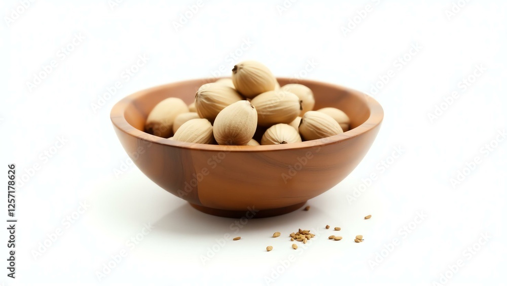 nutmeg placed in a rustic wooden bowl, isolated on a pure white background with a precise clipping path nutmeg placed in a rustic wooden bowl, isolated on a pure white background with a precise clipping path