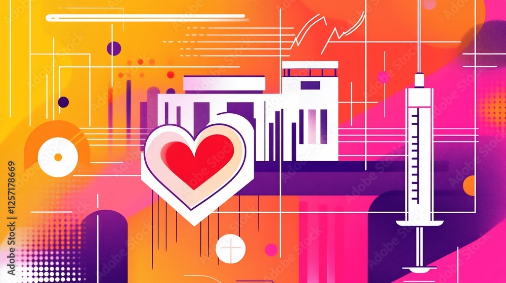 Obraz premium Abstract Medical Illustration with Heart, Building, and Syringe on Colorful Background