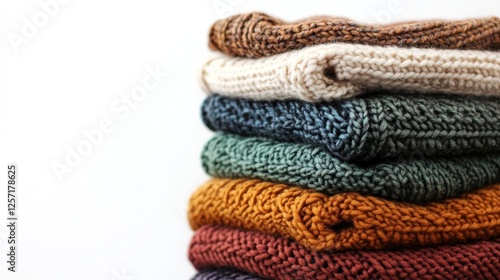 Stacked warm knit sweaters, autumn colors, white background, lifestyle photography