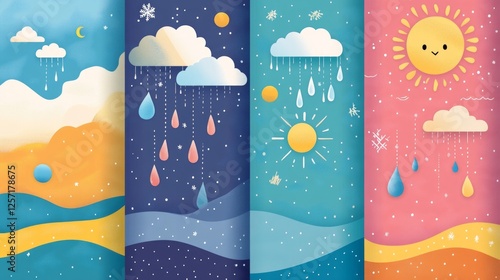 A series of flat illustrations representing different weather conditions, AI Generative. photo